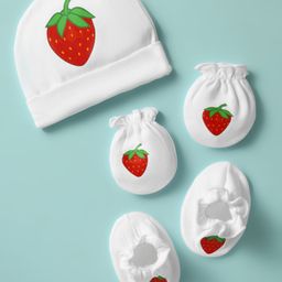 Ben Benny 100% Cotton Knit Cap Mitten & Booties Set With Strawberry Print White - Diameter 10 cm-15