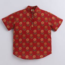 Aww Hunnie 100% Cotton Half Sleeves Jaipuri Floral Motifs Printed Short Kurta - Maroon-image-70