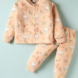 Teddy Fleece Knit Full Sleeves Co-ords Front Open Winter Wear Night Suit With Rat Print - Orange-image-1