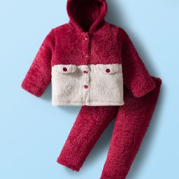 Babyhug Fur Knit Full Sleeves Hooded Color Block Winter Wear T-Shirt & Lounge Pant Set With Polka Dot Design - White & Wine-picture-15
