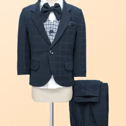 Robo Fry Cotton Woven Full Sleeves 4 Piece Checkered Party Suit With A Bow - Navy Blue-image-79