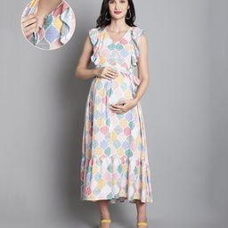 Moms Maternity Rayon Woven Sleeveless Abstract Printed Maternity Dress With Front Open Nursing Access - Off White-image-93