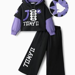 OLLINGTON ST. Cotton Looper Knit Full Sleeves Hoodie Top & Knit Joggers with Text Print - Purple & Black-picture-20