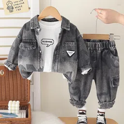 Googo Gaaga Cotton Knit Typography Printed Tee & Jeans With Full Sleeves Jacket Set - Grey-picture-46