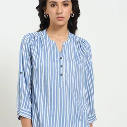 Honey by Pantaloons Striped Mandarin Collar Roll-Up Sleeves Shirt Style Top-picture-8