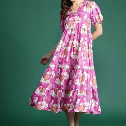 DressBerry Floral Print Puff Sleeve Tiered Midi Dress-picture-19