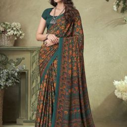 Satrani Green Floral Print Saree With Unstitched Blouse-image-38