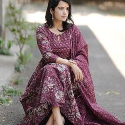 PARTHVI Floral Printed Key-Hole Neck Pure Cotton Anarkali Kurta With Trousers And Dupatta-18