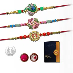 Rakhi Combo for Brother with Rakhi , Roli Chawal, Coin & Greeting Card-97