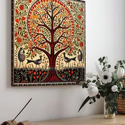 Art Street Yellow & Red Madhubani Art of Tree And Birds Canvas Wall Art-image-47