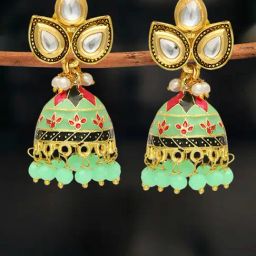 Oomph Mint Green Meenakari Kundan Pearls Ethnic Jhumki Earrings-image-5