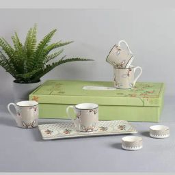 India Circus Abstract White Bone China Snack Set (Set of 7) Accented With 22 Carat White Each With Gift Premium Box-30