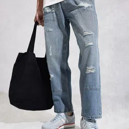 WROGN Men Loose Fit Mid-Rise Highly Distressed Light Fade Pure Cotton Jeans-image-86
