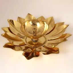Exotic India Gold Toned Oil Lamp With Lotus Leaves Diya Brass Pooja Essential-image-72