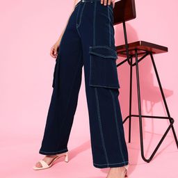 DOLCE CRUDO Women Navy Blue Wide Leg High-Rise Stretchable Jeans-image-76