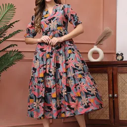 Claura Women Floral Printed Puff Sleeve Fit & Flare Midi Dress-picture-11