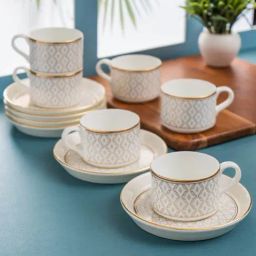 Clay Craft Printed Colour White Line Fine Ceramic Cup Saucer Set of 12 ( 6 Cups + 6 Saucers) - 180 ml each-image-76