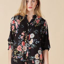 Gipsy Black & Pink Floral Print Mandarin Collar Shirt Style Top-image-28
