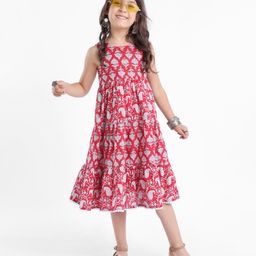 Babyhug 100% Cotton Sleeveless Frock Floral Print - Rust Red-image-82