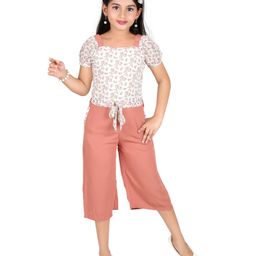 Tiny Girl Puffed Half Sleeves Seamless Floral Printed Front Tie Up Jumpsuit - Dark Peach-image-63