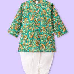 Babyhug 100% Cotton Woven Full Sleeves Floral Printed Kurta & Dhoti Set - Green-image-100