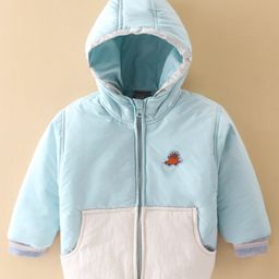 Little Kangaroos Droop Shoulder Winter Wear Padded Hooded Jacket Dino Patch - White & Blue-image-99