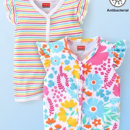 Babyhug 100% Cotton Interlock Knit Frill Sleeves Antibacterial Front Open Vest Stripes & Floral Pack of 2 - Multicolor-image-23