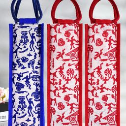 Kuber Industries Bottle Bag  Jute Carry Bag  Water Bottle Cover  Wine Bottle Bag  Reusable Bottle Bag with Handle  Bottle Bag for Office  Warli-Print Gift Bag  Pack of 3  Multi-76