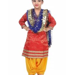 Itsmycostume Brocade Punjabi Dress Theme Costume Set - Red & Yellow-image-32