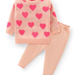 Babyhug Knitted Full Sleeves Sweater Set with Heart Design - Peach-image-85