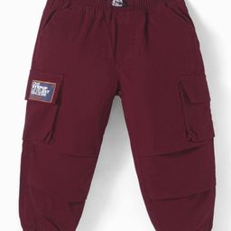 Little Kangaroos Woven Full Length Solid Color Cargo Jeans with Pockets - Maroon-image-79