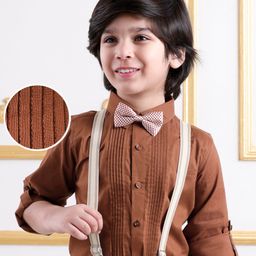 Mark & Mia Cotton Woven Full Sleeves Solid Colour Shirt with Bow Suspender & Pintucks Detailing - Brown-image-24