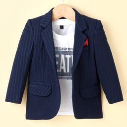 Robo Fry Knit Full Sleeves Textured Blazer with Text Printed T-Shirt - Navy Blue-image-29