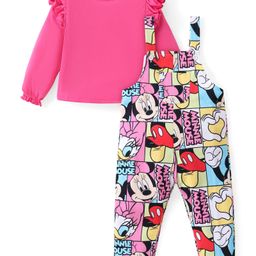 Babyhug Disney  Dungaree With Full Sleeves Top and Minnie Mouse & Friends All Over Print & Pocket Detailing - Pink-image-4
