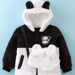 Kookie Kids Full Sleeves Hooded Fur Jacket with Bear Applique & Sling Bag - Black & White-image-41