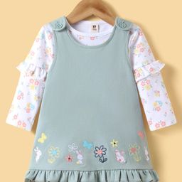 ToffyHouse Interlock Knit Bunny Embroidered Frock with Full Sleeves Floral Printed Top - Turquoise & White-image-54