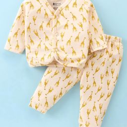 Bodycare Cotton Knit Full Sleeves Front Open Thermal Wear Vest & Pant Set with Giraffe Print - Peach-image-19