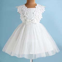 Babyhug Woven Sleeveless Fit & Flared  Party Frock with Bow Applique & Lace Detailing - White-picture-9