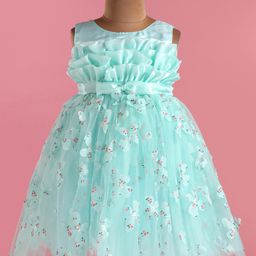 Babyhug Woven Sleeveless Fit & Flare Party Frock with Floral 3D Applique - Turquoise-image-41