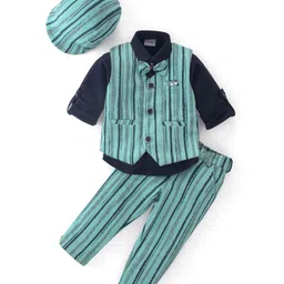 Dapper Dudes Full Sleeves Solid Shirt With Striped Trouser Waistcoat Bow & Cap - Green-picture-15