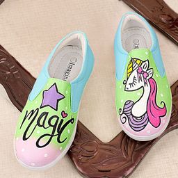 IMAGINO Magic Text & Unicorn Hand Painted Slip On Shoes  - Green & Blue-image-95
