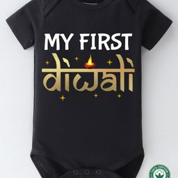 BLUSHES Diwali Theme 100% Cotton Half Sleeves My First Diwali Text Printed Onesie - Black-picture-34