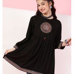 ISHTI Rayon Three Fourth Sleeves Mandala Embroidered Top - Black-image-73