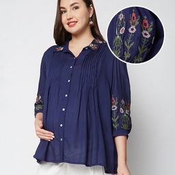 Bella Mama Woven Three Forth Sleeves Maternity Top with Floral Embroidered Collar & Sleeves - Navy Blue-image-22