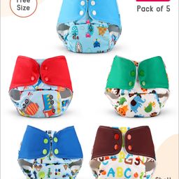 Babyhug Reusable Cloth Diaper with Contrast Flap and without Insert Pack of 5 Free Size - Multiprint-28