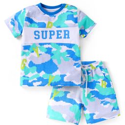 Babyhug Single Jersey Knit Half Sleeves T-Shirt & Shorts Set With Camouflage Print - Blue & Grey-image-78
