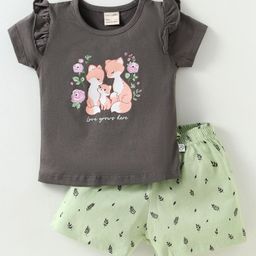 CUCUMBER Sinker Knit Half Sleeves Frill Detailing Shorts Night Suit with Animal Print - Charcoal Grey & Light Green-image-5
