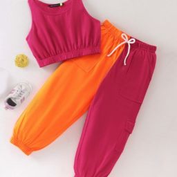 Tiara Cotton Jersey Sleeveless Solid Top With Joggers Set - Pink-image-3