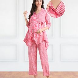 Bella Mama Woven Flower Printed Top With Stripe Pant Maternity Suit Set - Pink-image-23