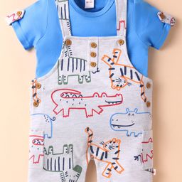 WOW Clothes Interlock Knit Half Sleeves T-Shirt & Dungaree with Animal Print - Grey & Blue-image-52